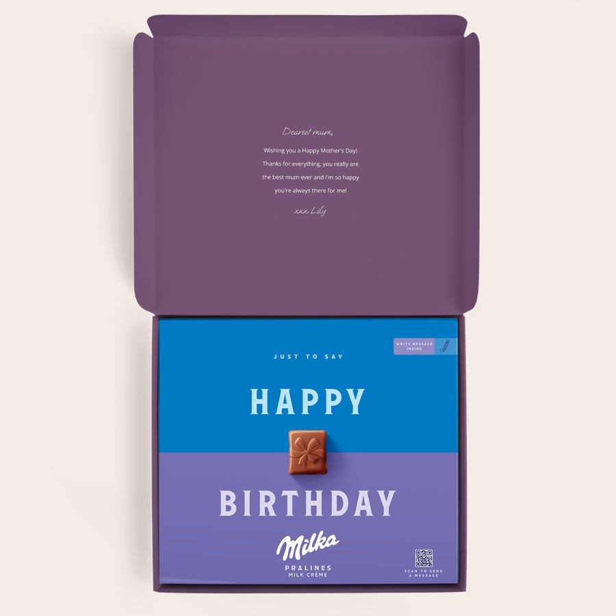 Personalised Milka Chocolate Gift Box - Mother's Day Milka chocolate gift box printed with Happy Birthday and a personal message for Mother's Day