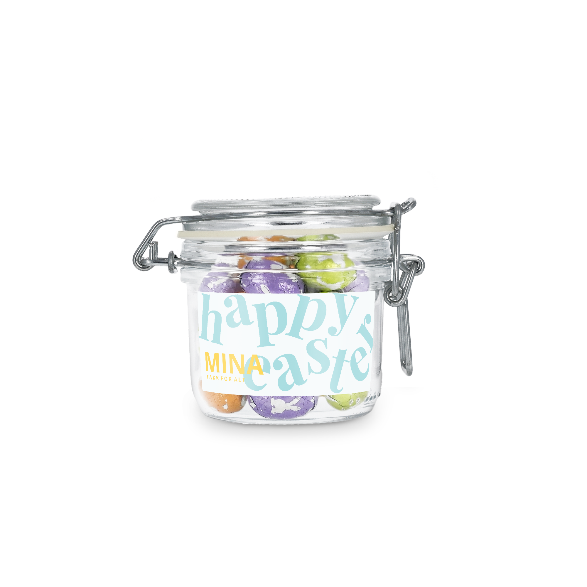 Personlig søt krukke - 200 ml - Sjokoladeegg, med personlig trykt etikett Happy Easter, Mina Takk for alt
