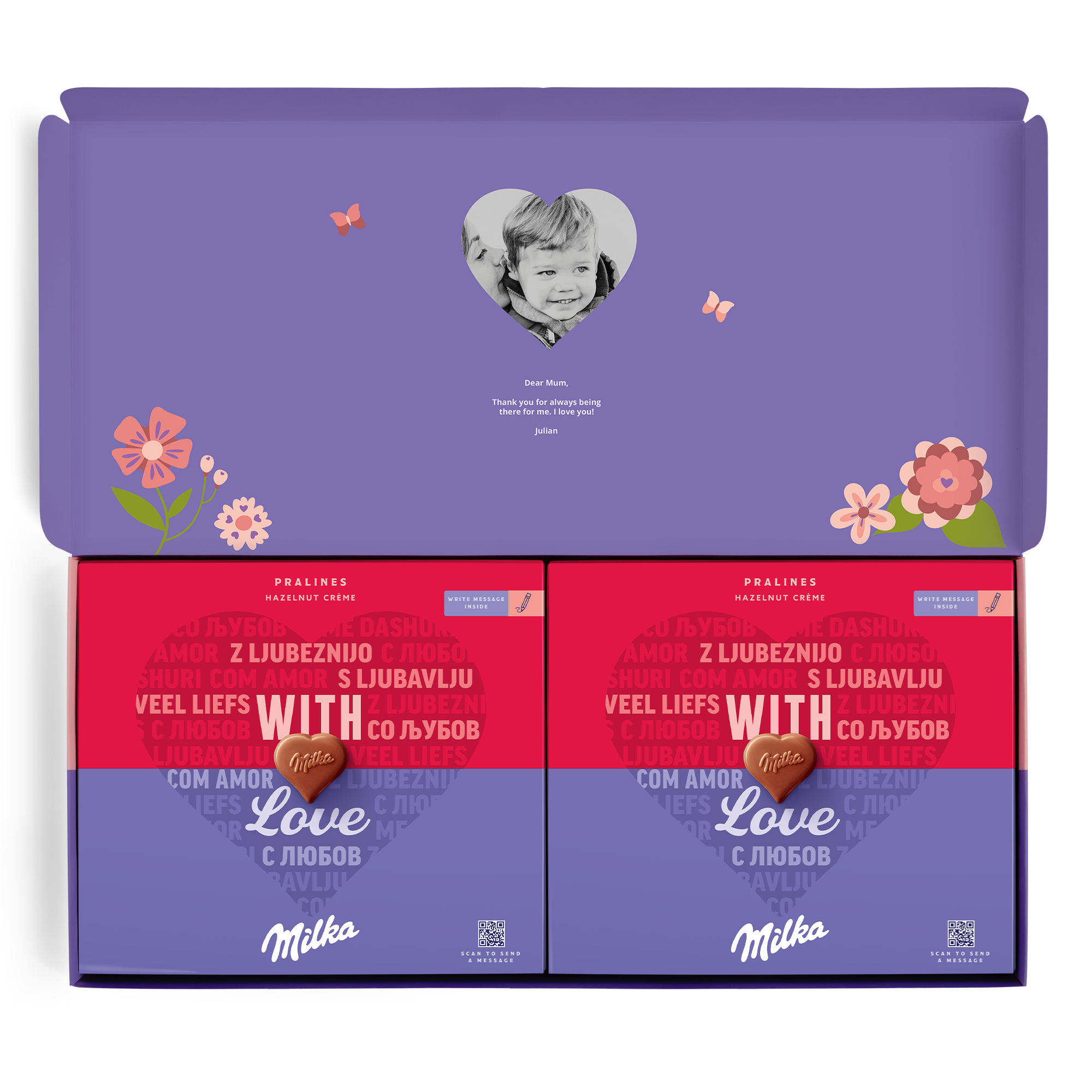 Personalised Say it with Milka chocolate gift box with a printed photo of a child and a message for mum