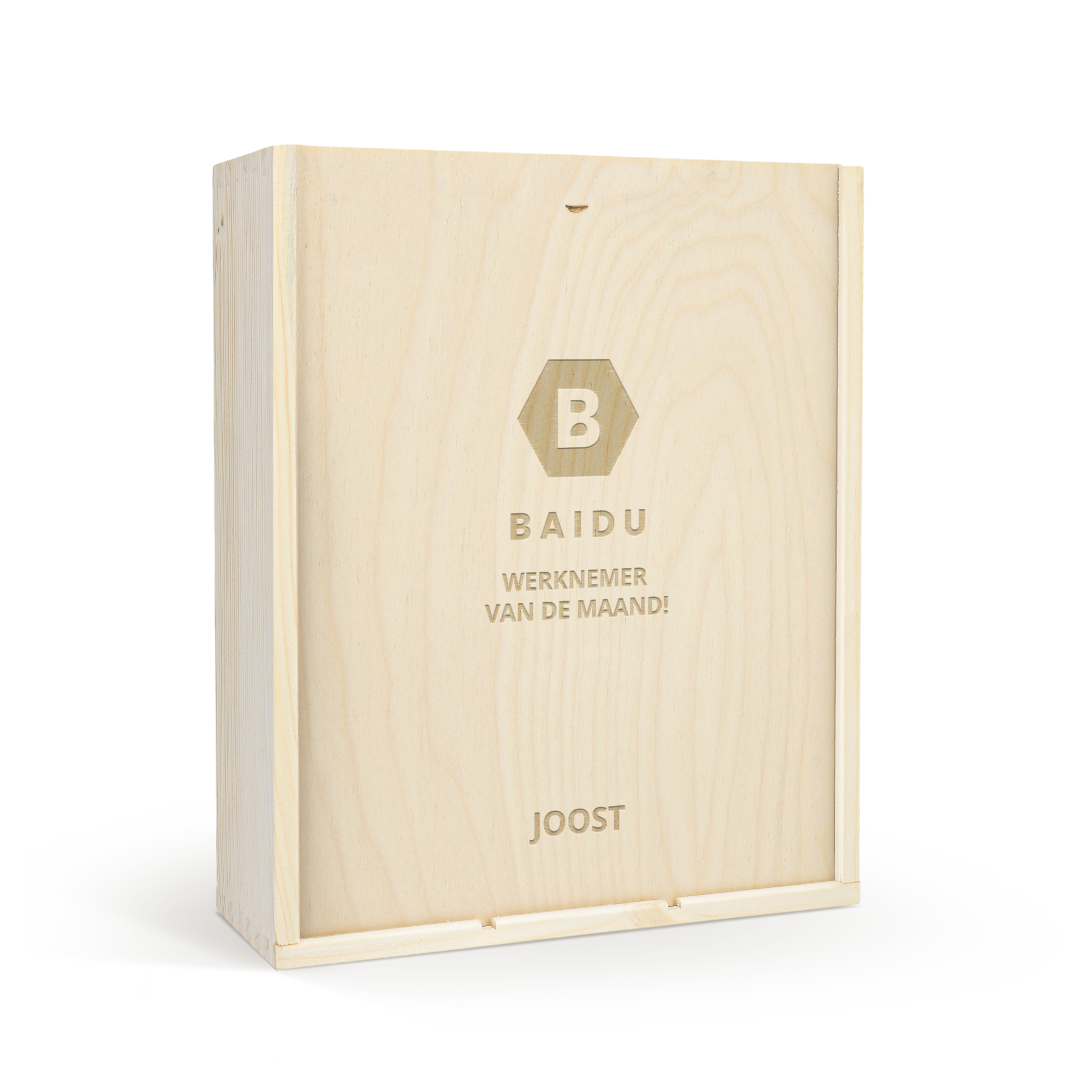 Houten gegraveerde wijnkist met logo en tekst Baidu Werknemer van de Maand! voor een Oude Kaap wijnpakket.