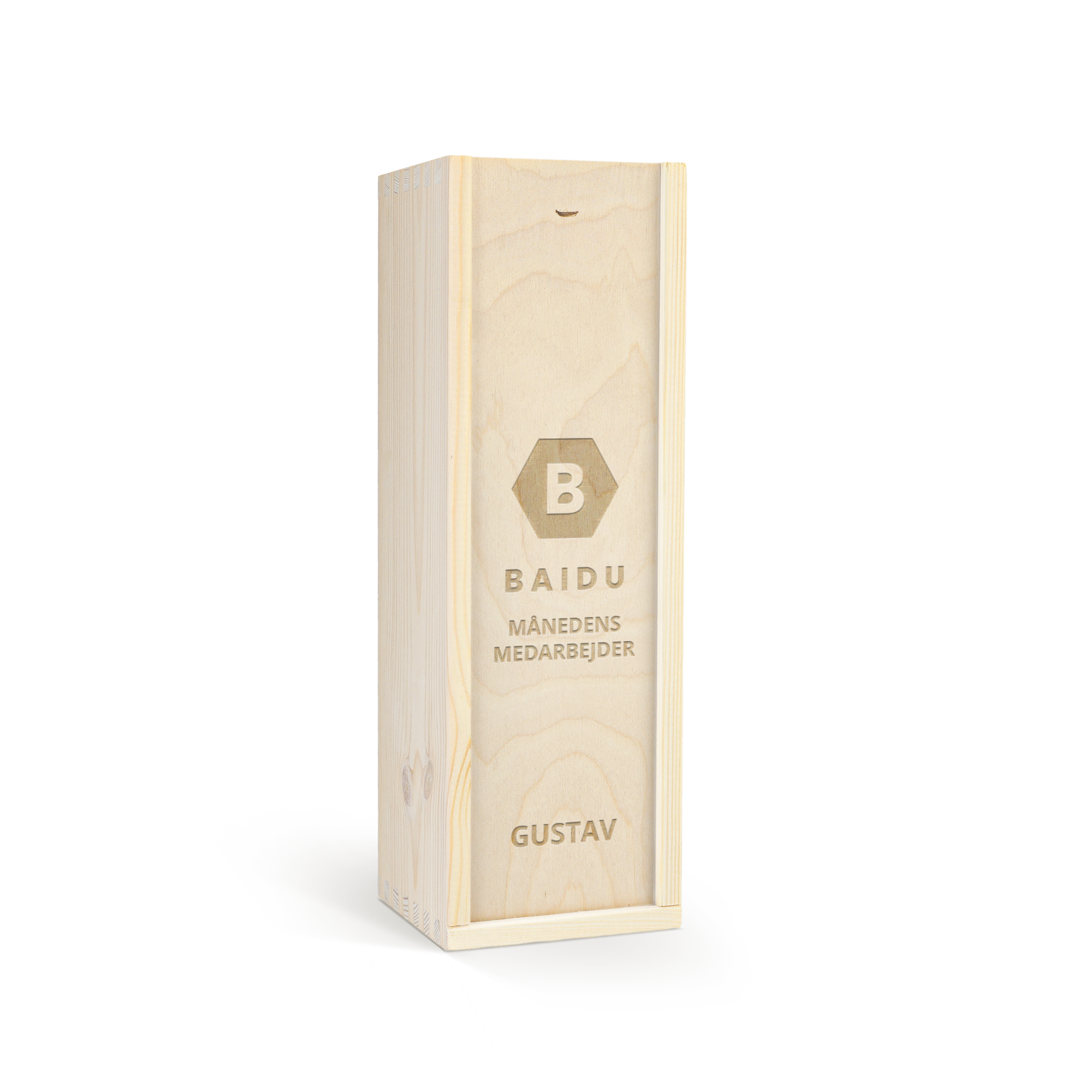 Jameson whisky i indgraveret trææske med teksten "BAIDU MÅNEDENS MEDARBEJDER GUSTAV" og et logo, tilpasset med navn eller tekst.
