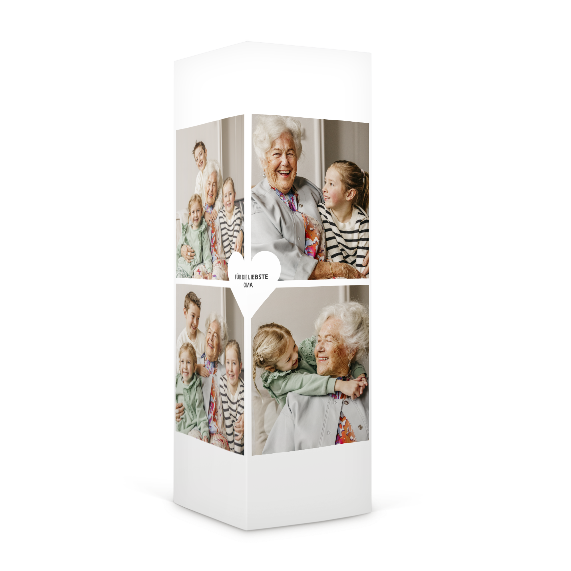 Personalisierte Geschenkbox Nüsse mit gedrucktem Foto von Familie und Aufschrift "Für die liebste Oma", um mit Nüssen zu überraschen.