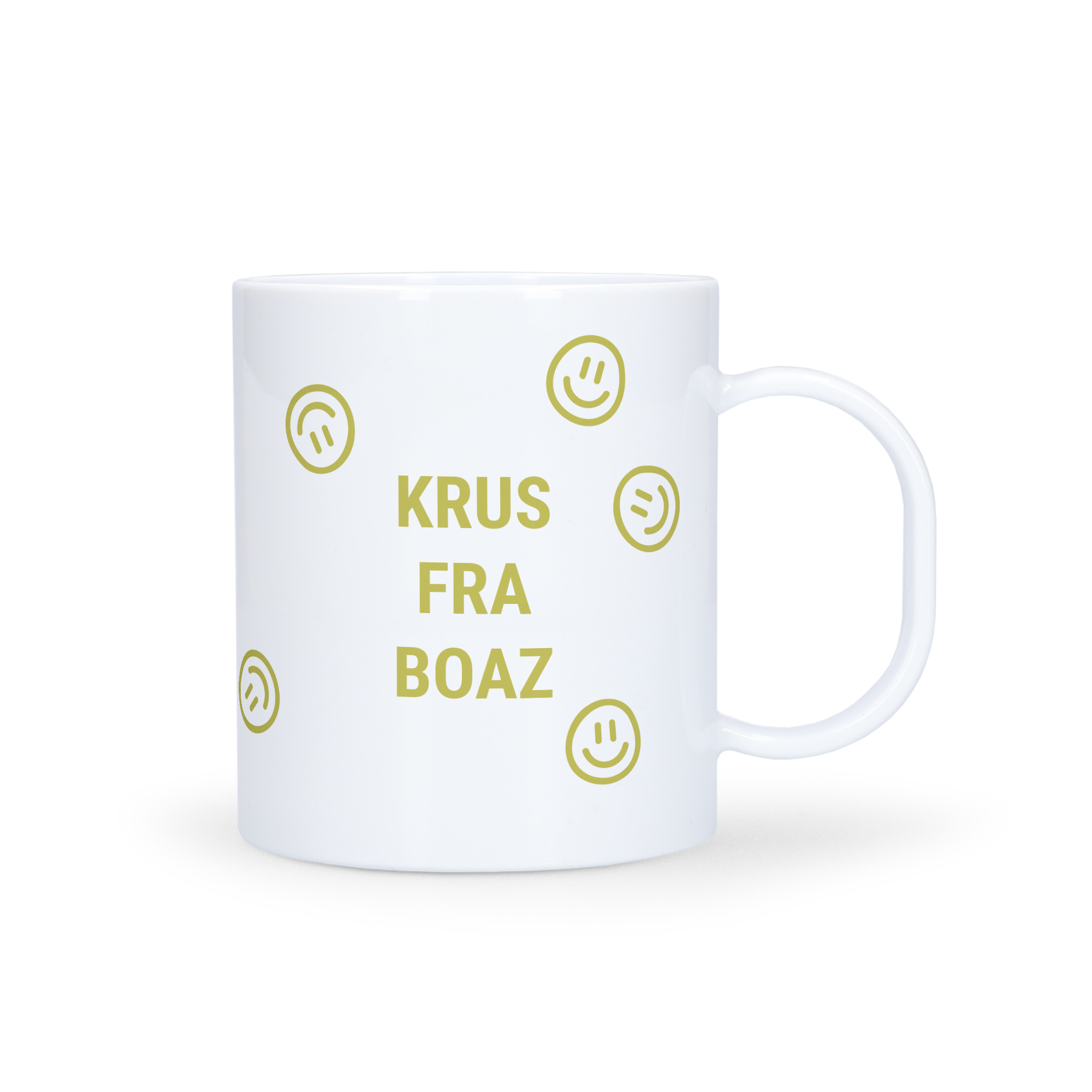 Det cool, personlige plastik krus med dit eget design, printet med teksten "Krus fra Boaz" og smileys