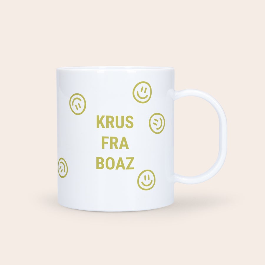 Plastik krus med foto Det cool, personlige plastik krus med dit eget design, printet med teksten "Krus fra Boaz" og smileys