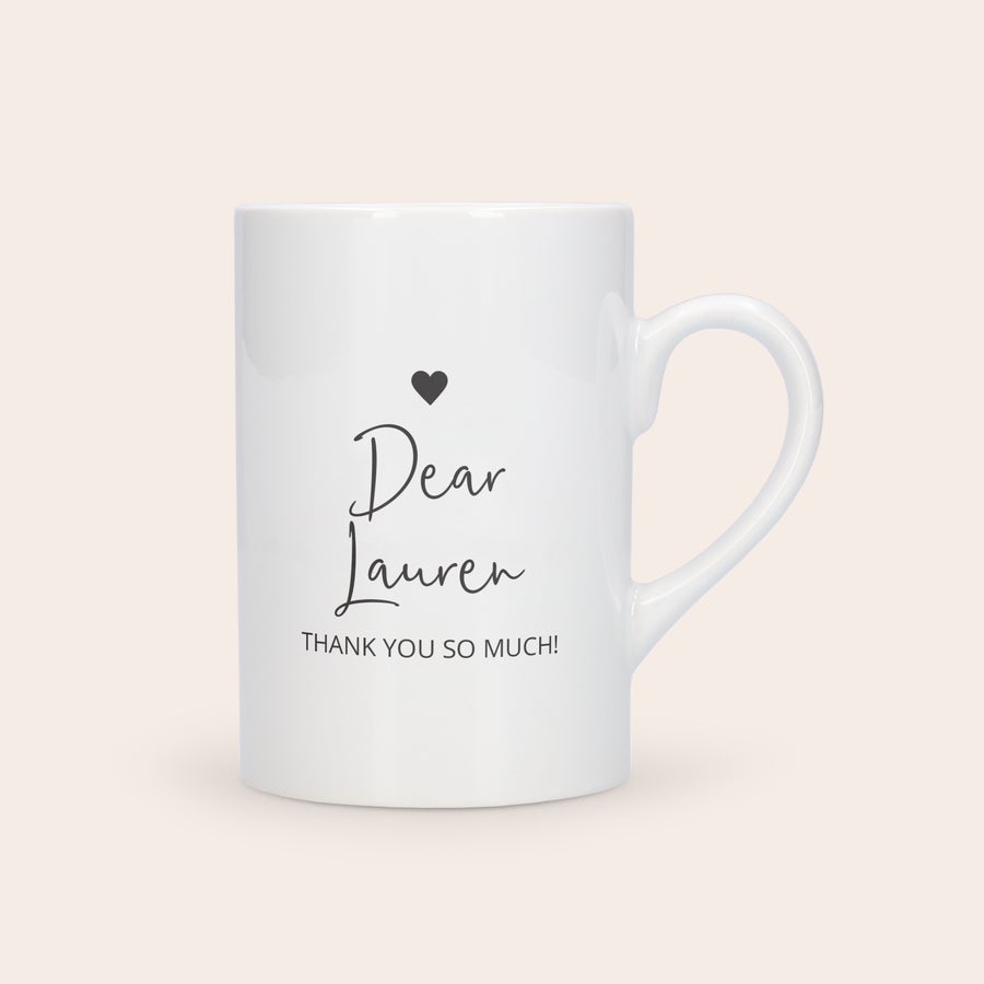 Taza de té Taza de cerámica blanca con corazón negro y texto personalizado "Dear Lauren, THANK YOU SO MUCH!"
