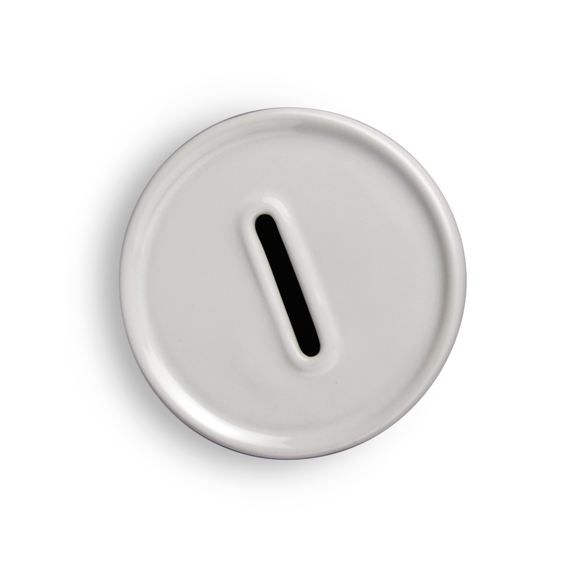 Parte superior de una hucha personalizada de cerámica blanca con una ranura alargada para monedas en el centro.