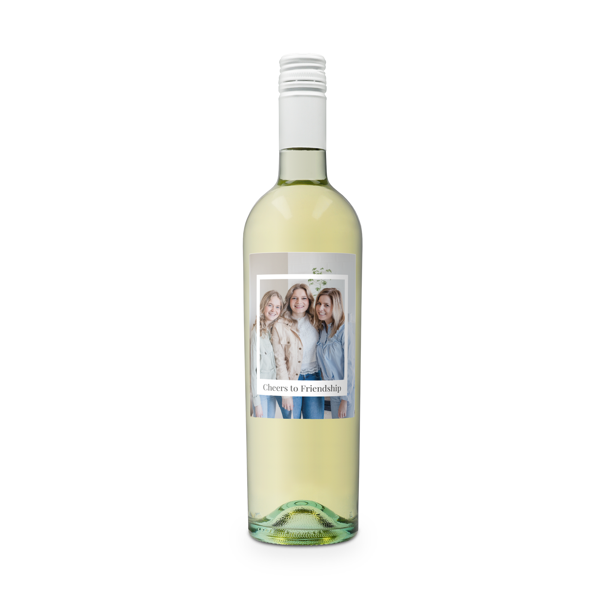 Láhev vína Riondo Pinot Grigio s navrženou etiketou s fotografií a textem Cheers to Friendship