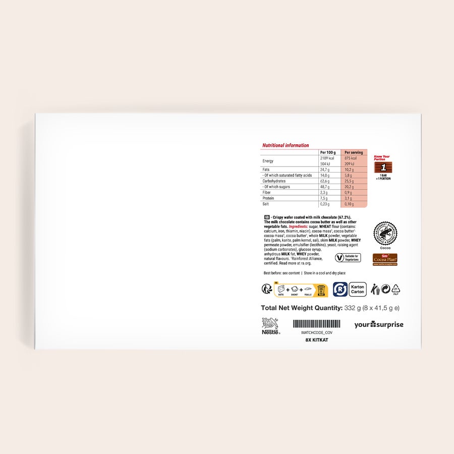 Confezione regalo personalizzata con barrette KitKat Etichetta posteriore di una confezione regalo di barrette KitKat con informazioni nutrizionali e dettagli degli ingredienti