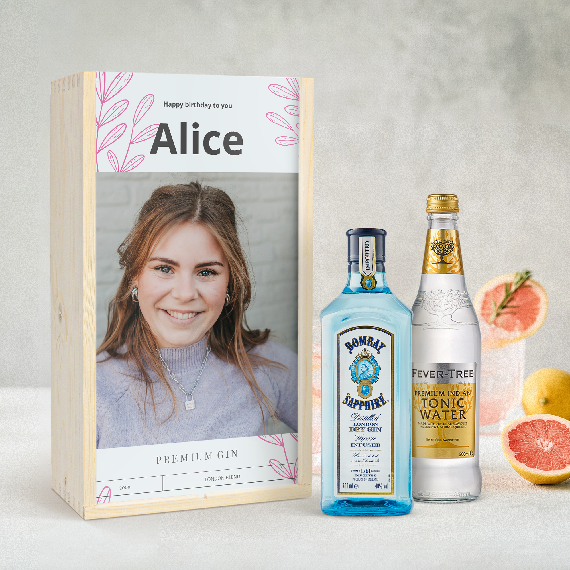 A stylish gin and tonic set with Bombay Sapphire Gin in a custom printed wooden box with a photo and name Alice.