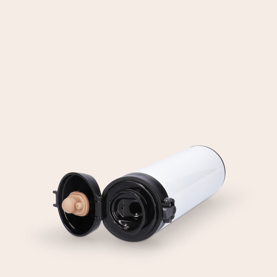 Trinkflasche Bedrucken Weiße Edelstahl Trinkflasche mit schwarzem Deckel, der für den personalisierten Druck von Namen und Foto geöffnet ist