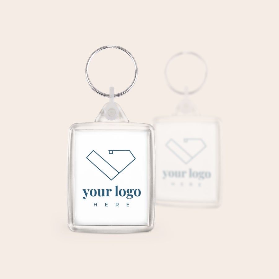 Breloc foto acilic - față-verso (set de 3) Set de brelocuri din plastic transparente cu inel metalic, personalizate cu logo imprimat pe ambele fețe.