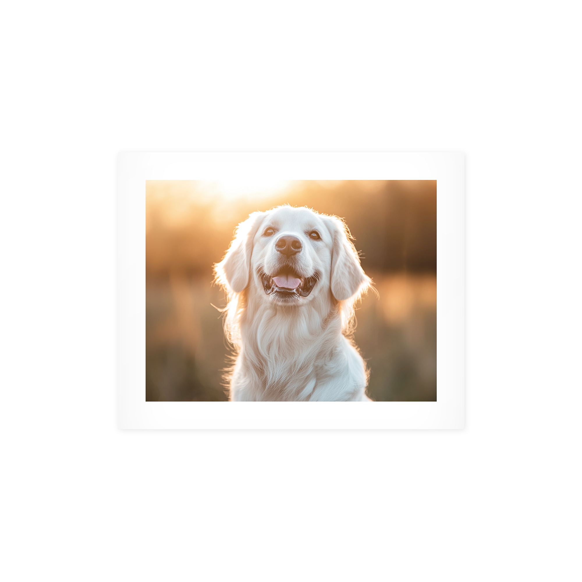 Personalizowany plakat ze zdjęciem uśmiechniętego psa rasy golden retriever na tle zachodzącego słońca, wydrukowany na zamówienie