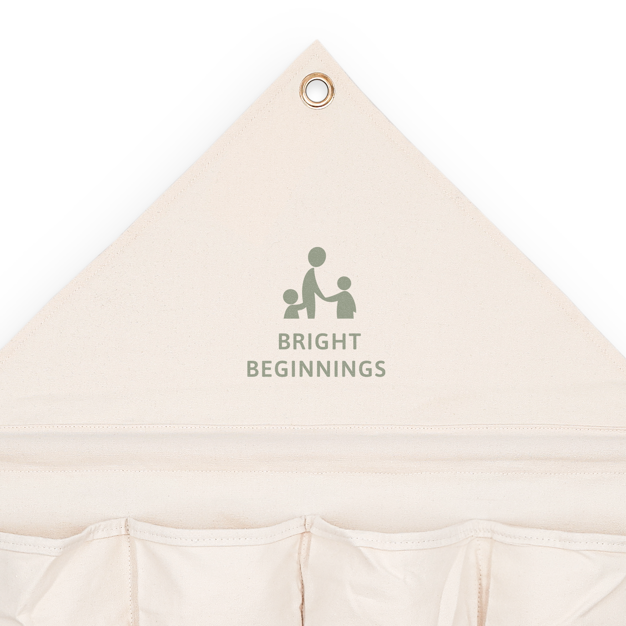 Organizador de bolsillo de tela personalizado impreso con el mensaje "Bright Beginnings" y un icono de tres figuras.