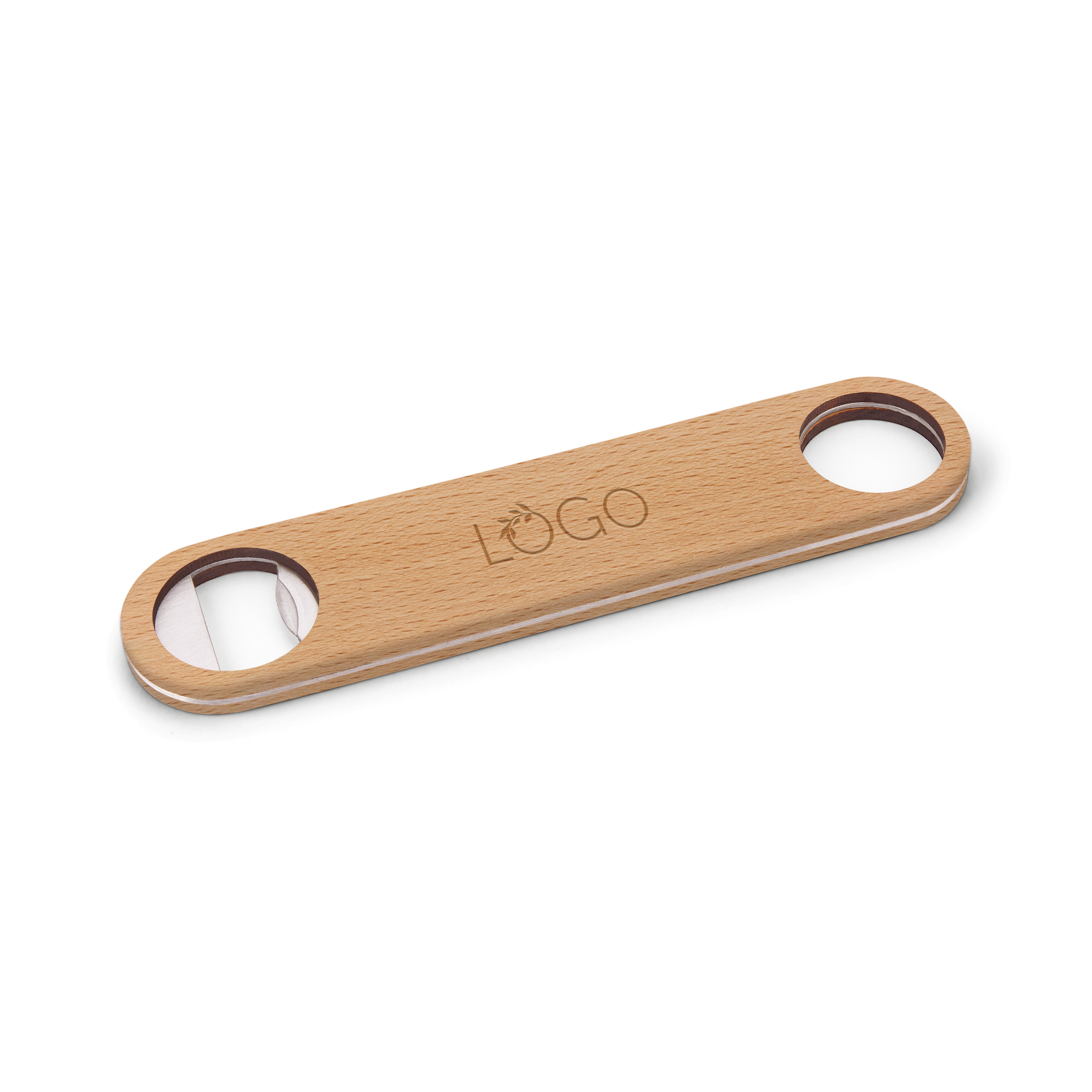 Personalisierter Bieröffner aus Holz mit eingraviertem Logo