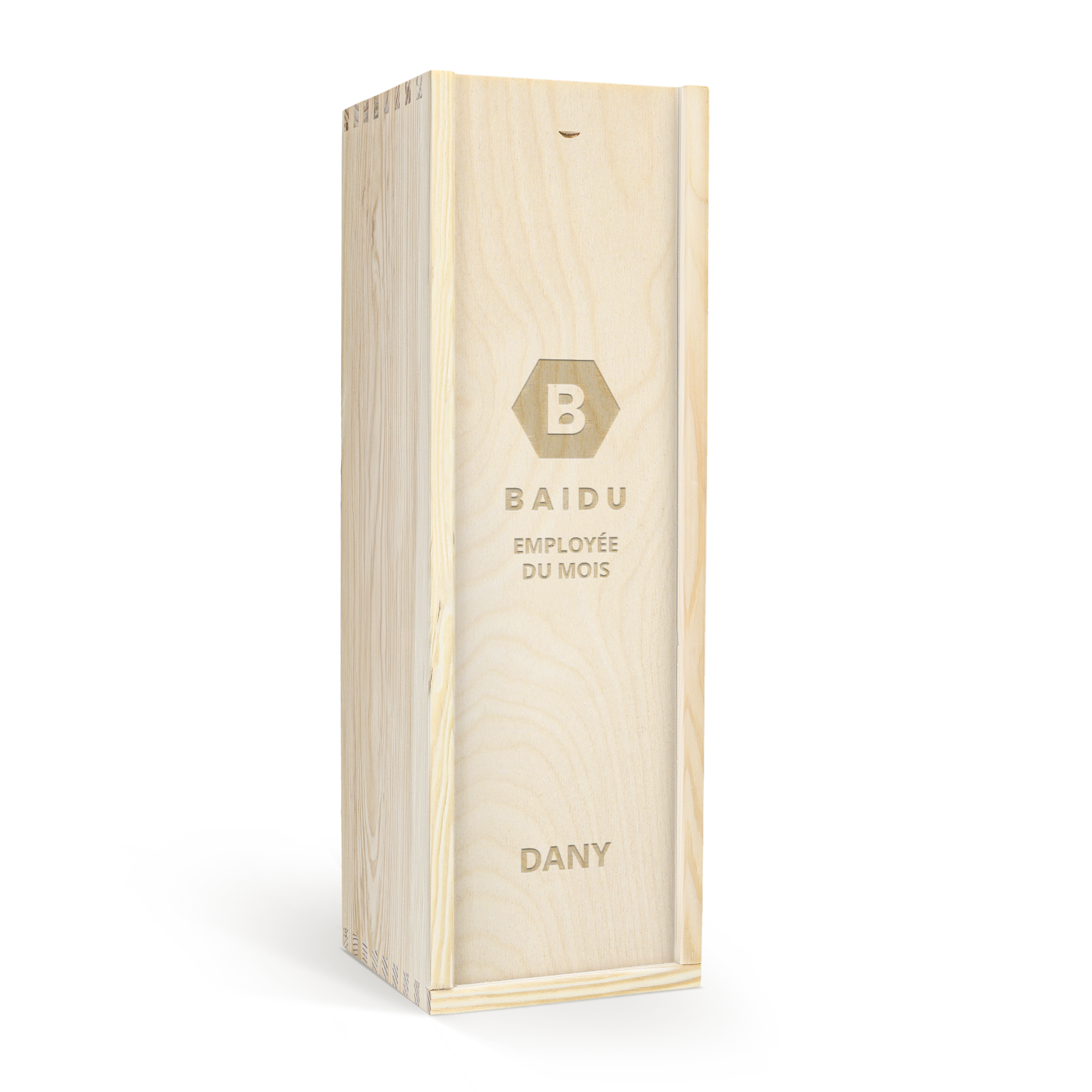 Caisse à vin de luxe personnalisée en bois clair gravée dun motif hexagonal B, du texte BAIDU EMPLOYEE DU MOIS et du prénom DANY