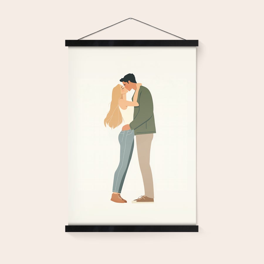 Personaliziran plakat z obešalnikom Plakat z ilustracijo para, poljubljanje, v črnem magnetnem obešalniku za steno, s foto natisom.