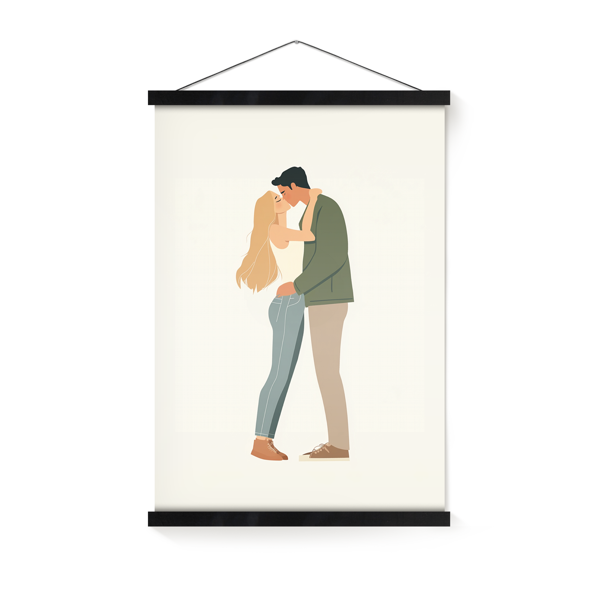 Póster personalizado com ilustração de um casal a beijar-se, em suporte de madeira preta para pendurar.