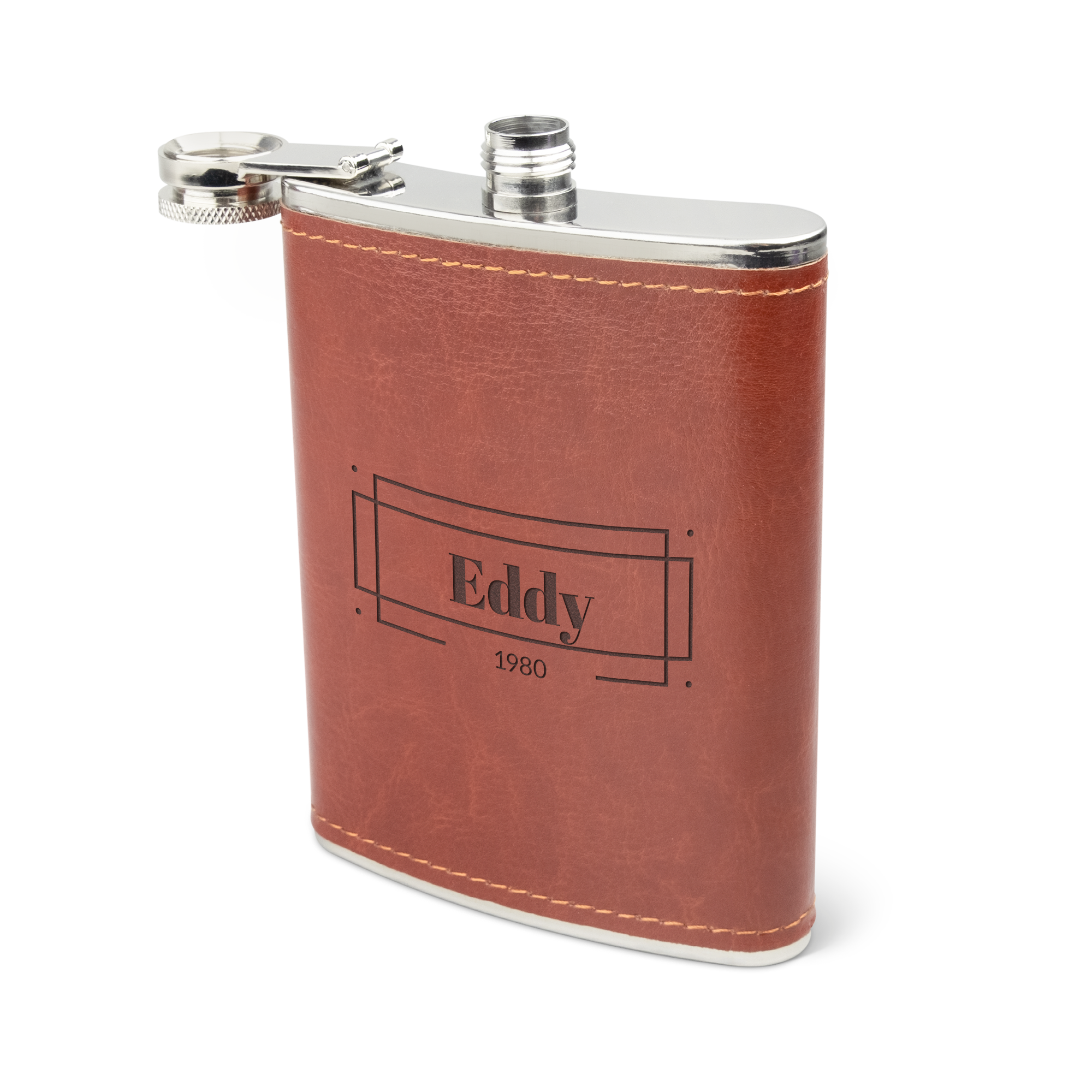 Flasque personnalisée en cuir marron avec gravure "Eddy 1980" pour amateur de whisky ou autre boisson