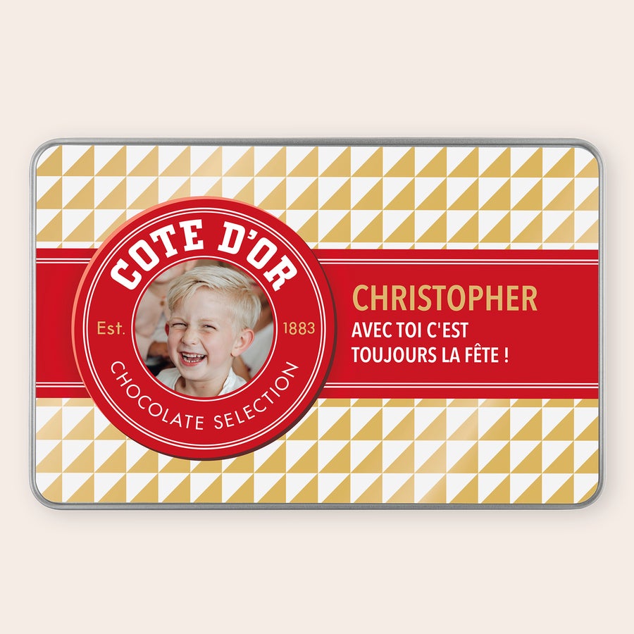 Boîte de chocolats - Côte d'Or Boîte cadeau vintage personnalisée - avec Chocolats Côte d'Or imprimée avec la photo d'un enfant et un texte joyeux.