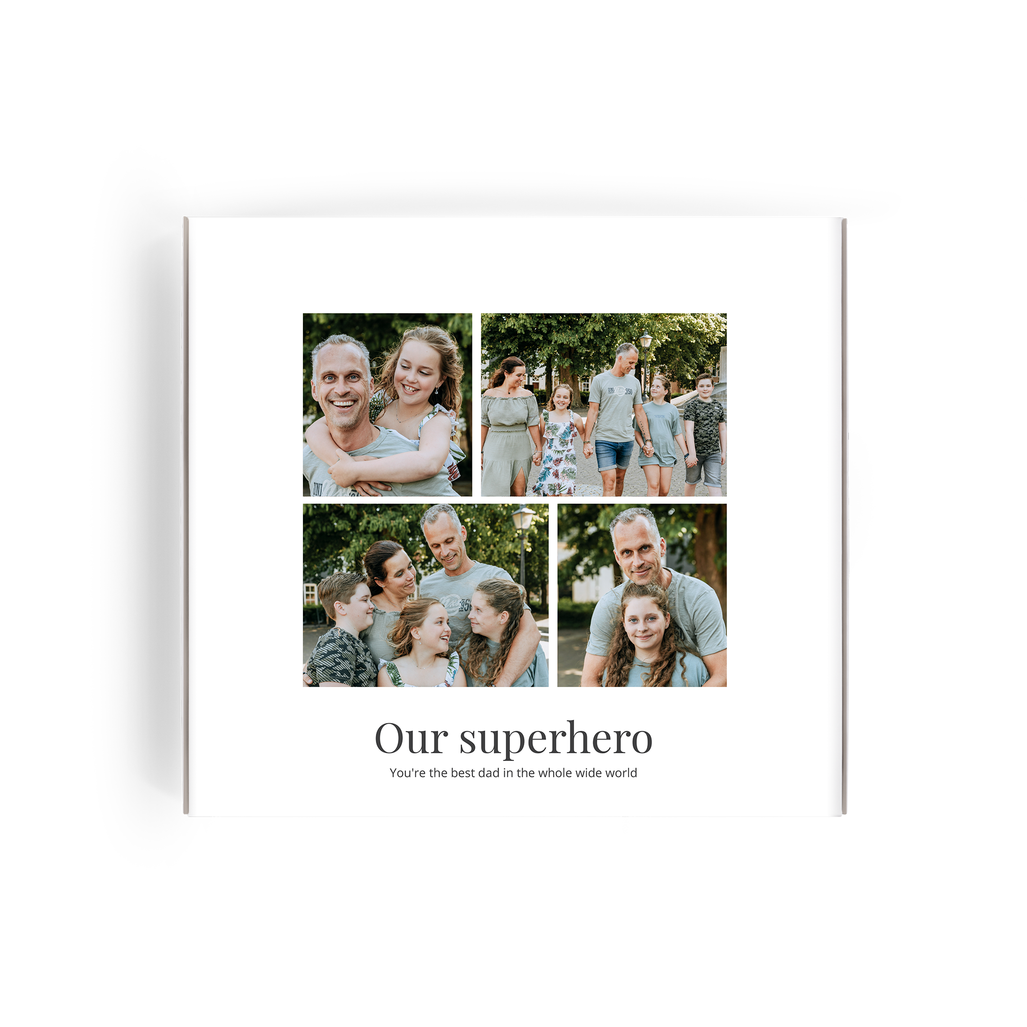 Personalizovaná dárková krabička Milka ke Dni otců s koláží fotografií a textem "Our superhero"