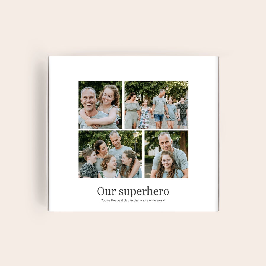 Pralinés de Milka Día del Padre Caja regalo personalizada Milka con una impresión de cuatro fotos familiares y el texto "Our superhero" para el Día del Padre.