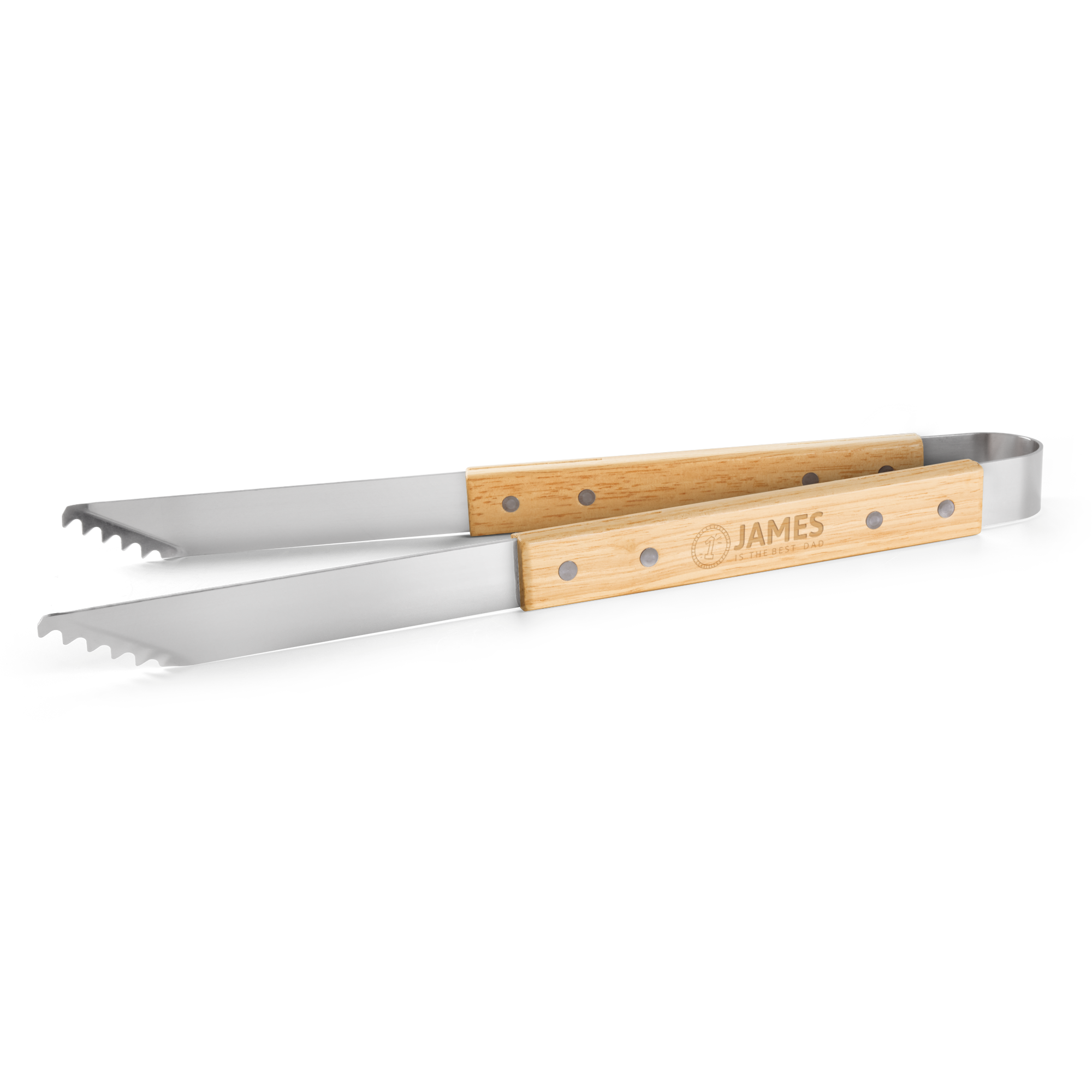 Personalised BBQ tongs with a wooden handle, engraved with the name James and the text "Is The Best Dad".
