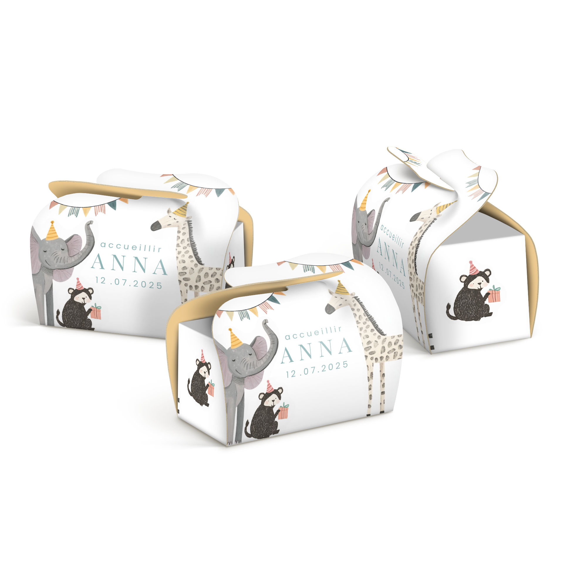 Boîtes personnalisées imprimées avec éléphant girafe ours et le texte Accueillir Anna 12.07.2025 pour créer de petits moments de joie