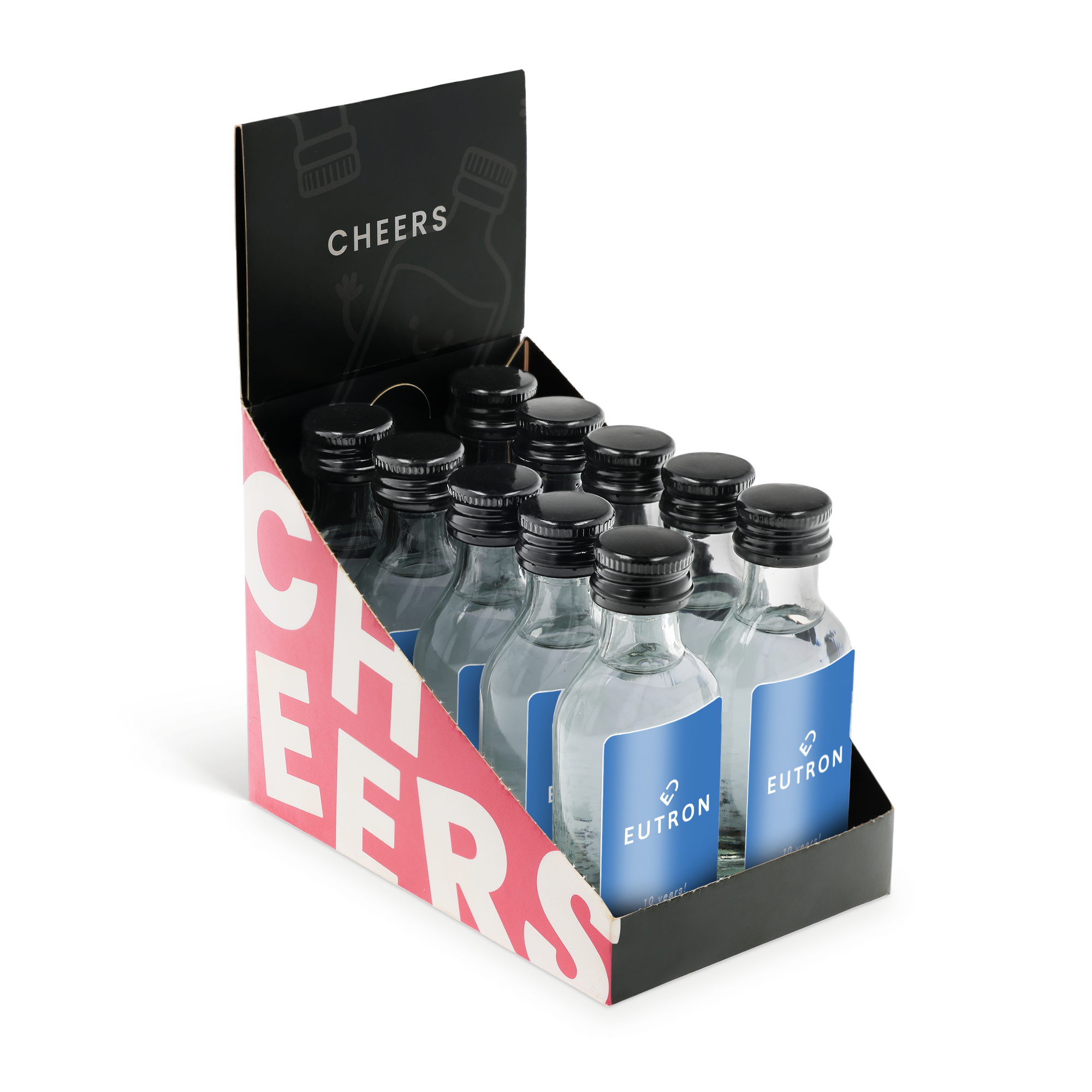 Confezione regalo con mini vodka, etichette stampate con il logo EUTRON e la scritta 10 years, perfetta per creare una collezione unica di Mini Vodka