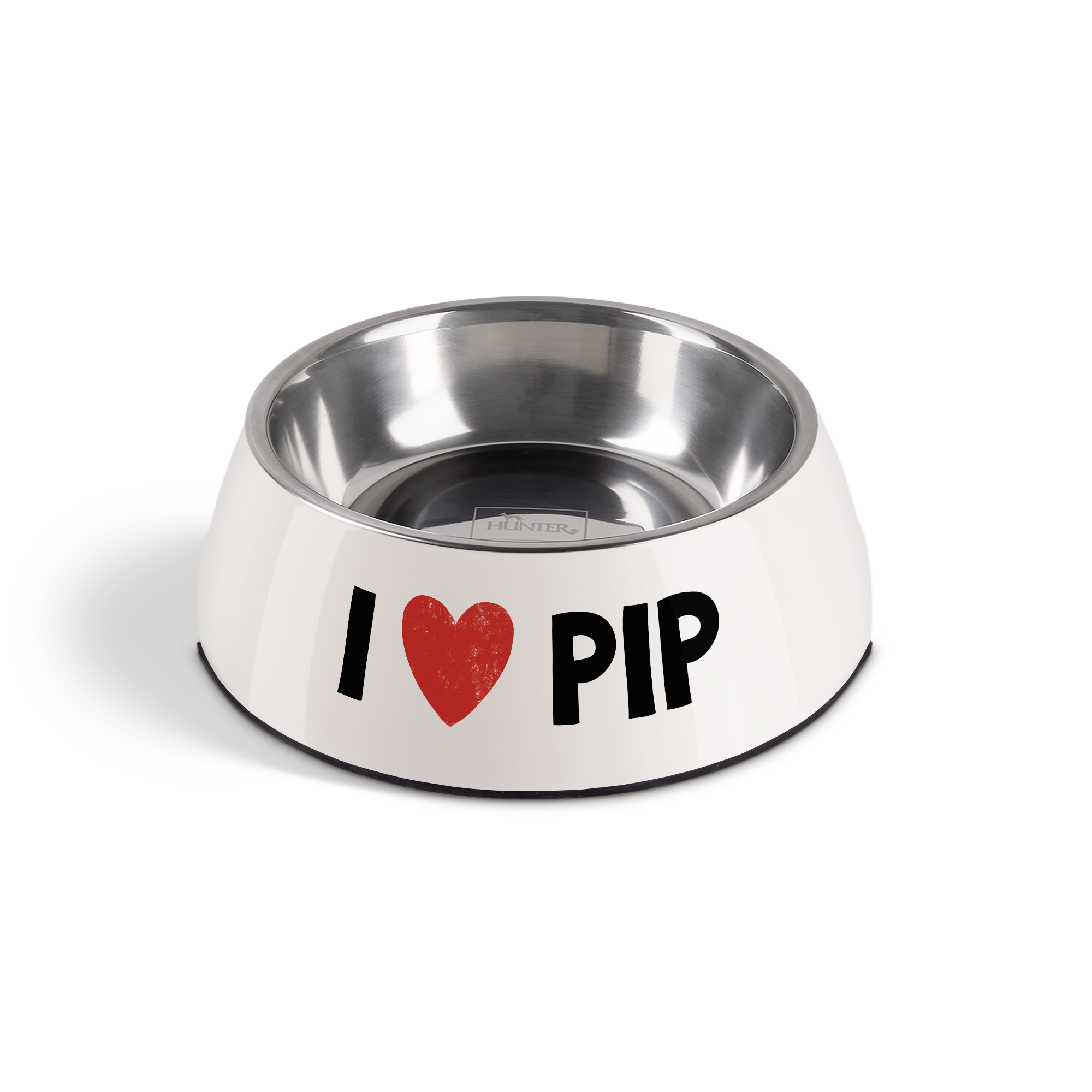 Witte gepersonaliseerde hondenvoerbak met de tekst I love Pip en een rood hart, speciaal voor jouw trouwe viervoeter