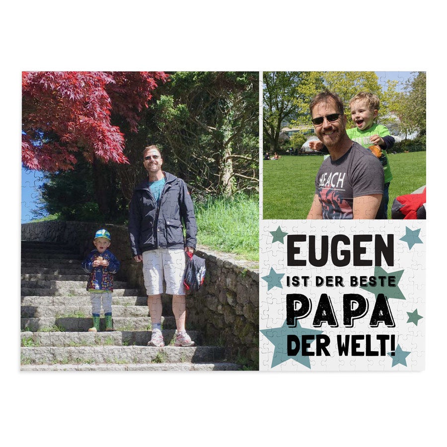 Vatertag-Puzzle mit Fotos und dem Schriftzug "Eugen ist der beste Papa der Welt" bedruckt