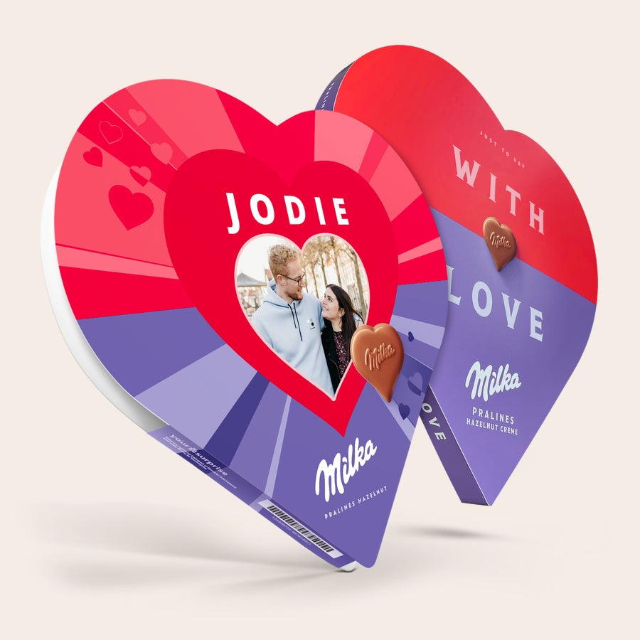 Cuore di cioccolato Milka Cuore Milka confezione di cioccolatini a forma di cuore con nome "JODIE" e foto personalizzata