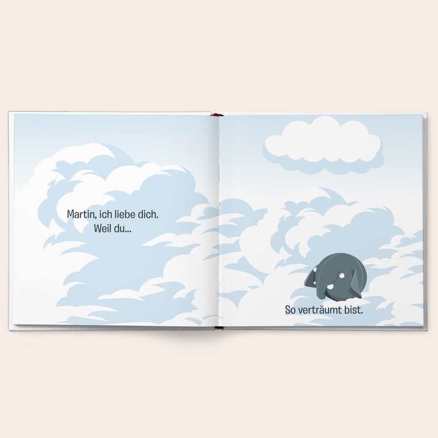Du bist mein Valentin/Liebling - Buch zum Valentinstag Geöffnetes personalisiertes Ollimania-Buch mit dem Namen "Martin" und dem Text "Martin, ich liebe dich. So verträumt bist." auf den Seiten.