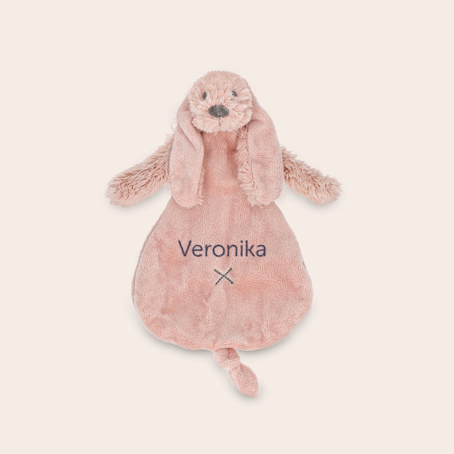 Schmusetuch Personalisiert Rosa Kaninchen-Schnuffeltuch mit dem Namen Veronika bestickt. Kuscheln mit diesem niedlichen Kaninchen-Schnuffeltuch mit Name ist ganz besonders toll.