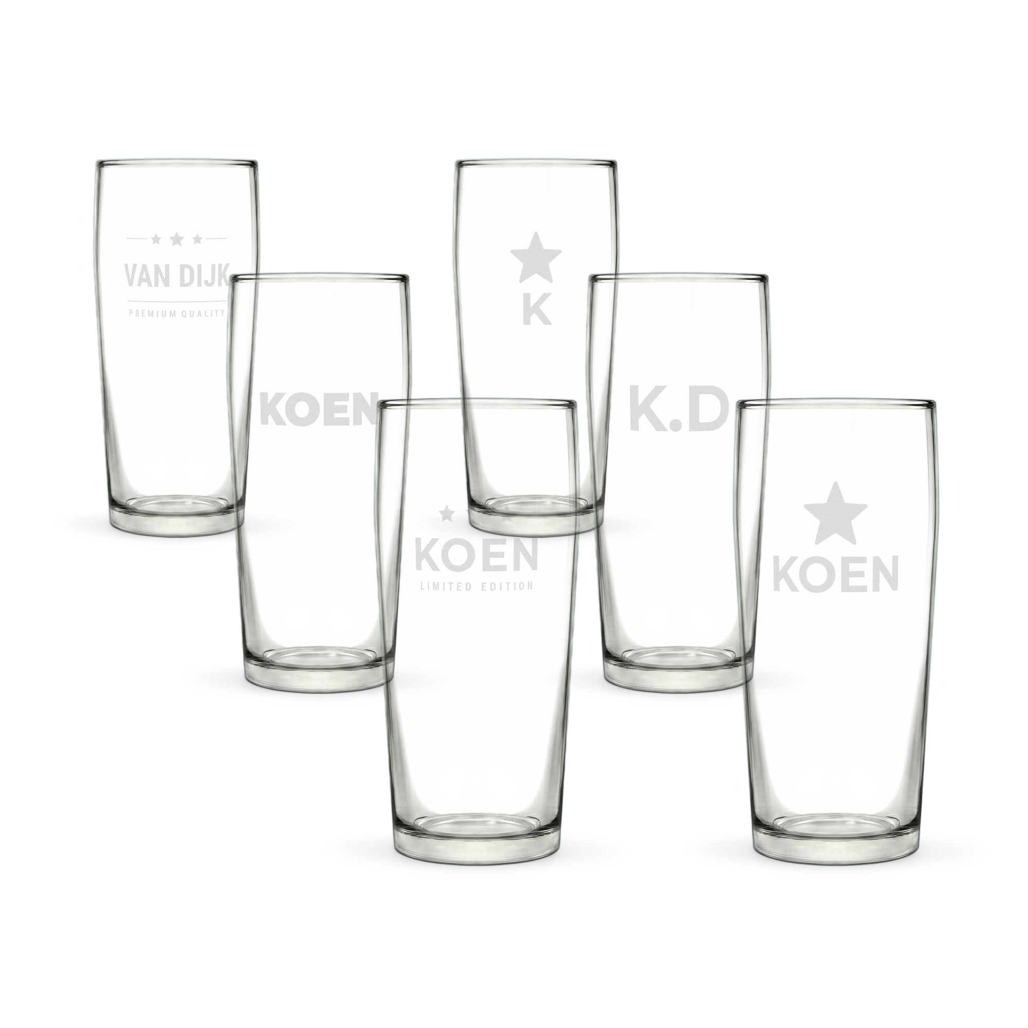 Set van 6 gepersonaliseerde bierglazen fluitje van 190 ml, gegraveerd met verschillende namen en initialen.