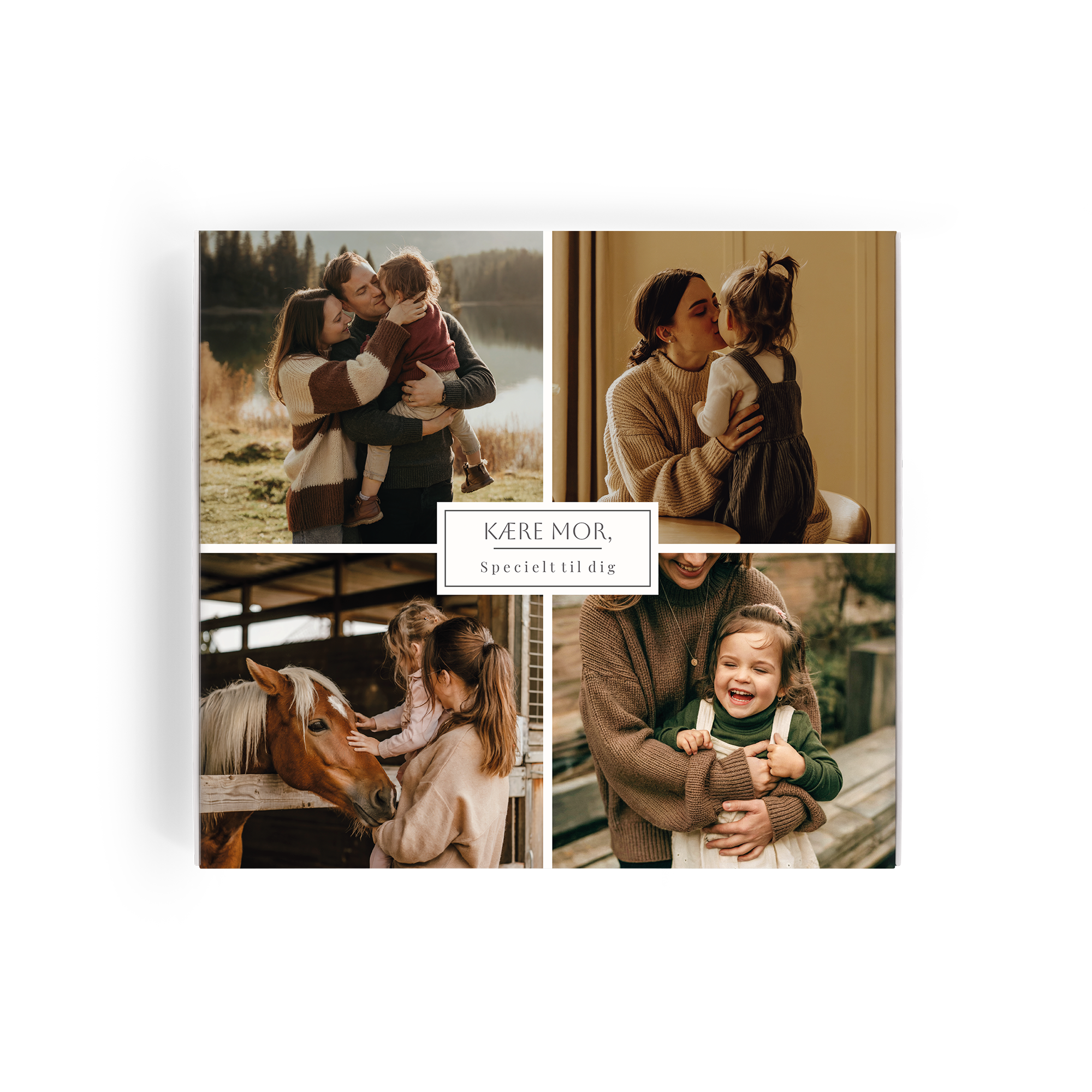 Personaliseret gaveæske med strømper – 2 par strømper – 39/42. Gaveæske med eget designet fotocollage og tekst "Kære Mor, Specielt til dig" på midten.