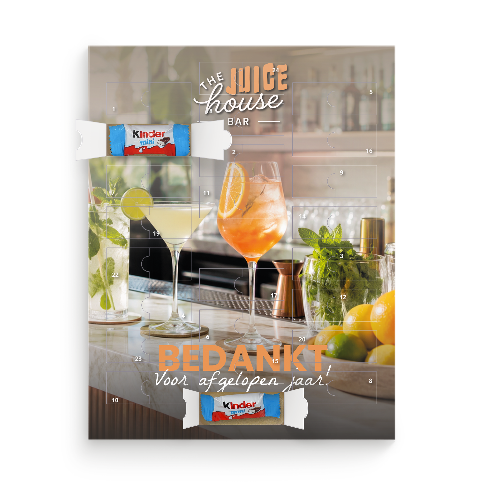 Gepersonaliseerde kinder chocolade adventskalender met "The Juice House Bar" design en de tekst "Bedankt voor afgelopen jaar!" bedrukt op de voorkant, gevuld met Kinder Mini chocolade.