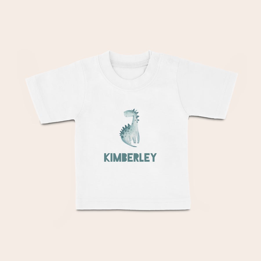 Baby t shirt bedrucken Weißes Baby T-Shirt mit Namen "Kimberley" und Dinosaurier Motiv bedruckt