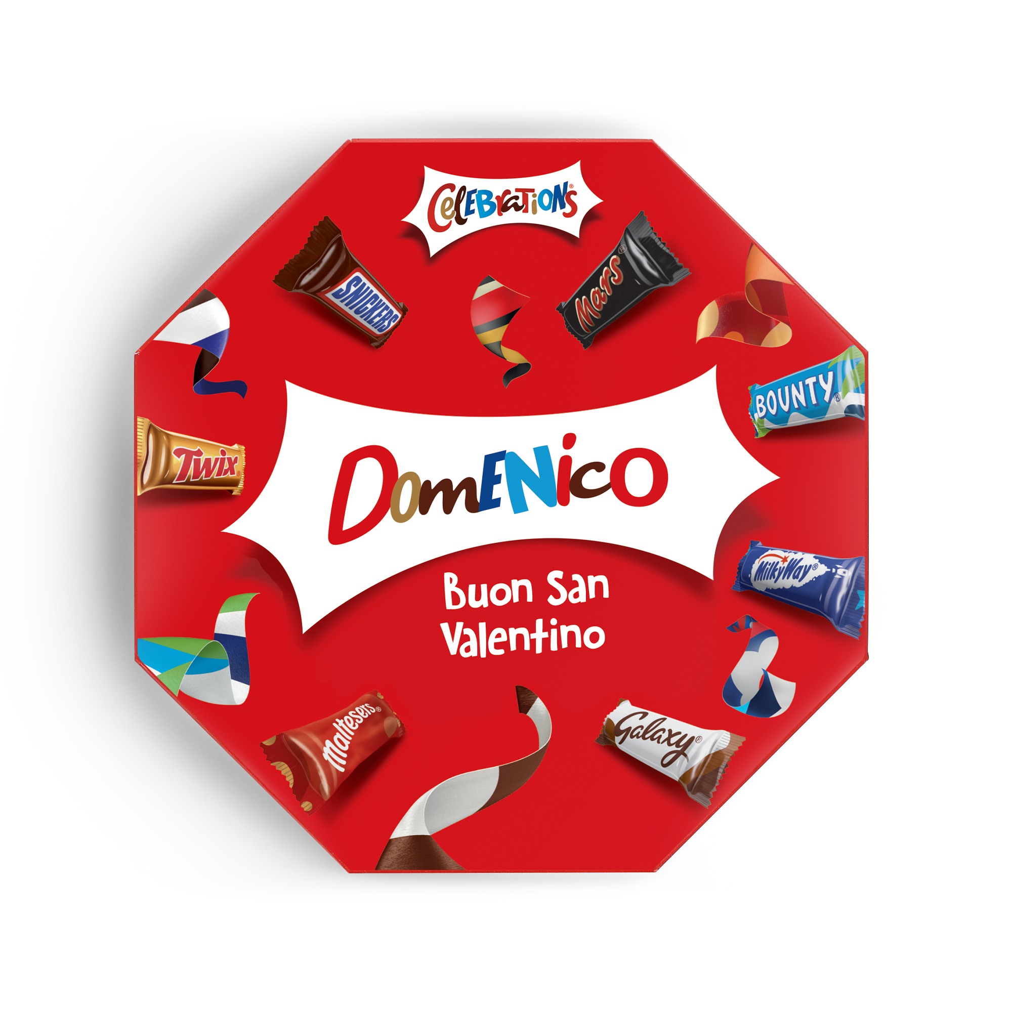 Celebration box con nome stampata con il testo Domenico Buon San Valentino e vari cioccolatini