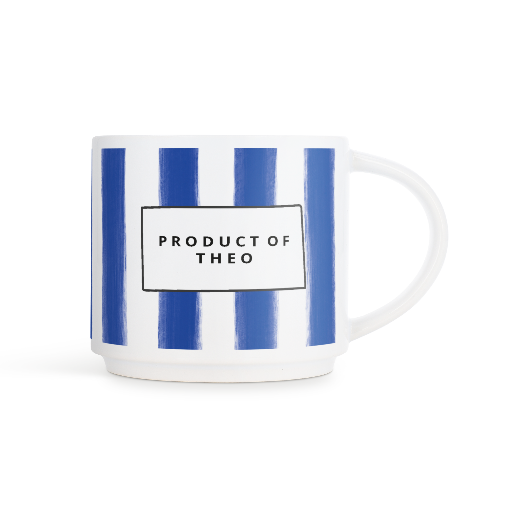 Fehér egymásra rakható fotóbögre kék csíkokkal és "PRODUCT OF THEO" felirattal, mely emlékekkel kezdi a napját.