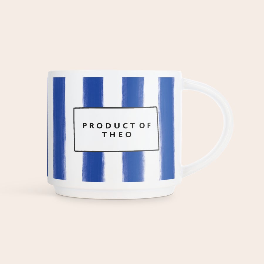 Stackable mugs with photo White stackable photo mug with blue stripes and a printed box featuring the text PRODUCT OF THEO