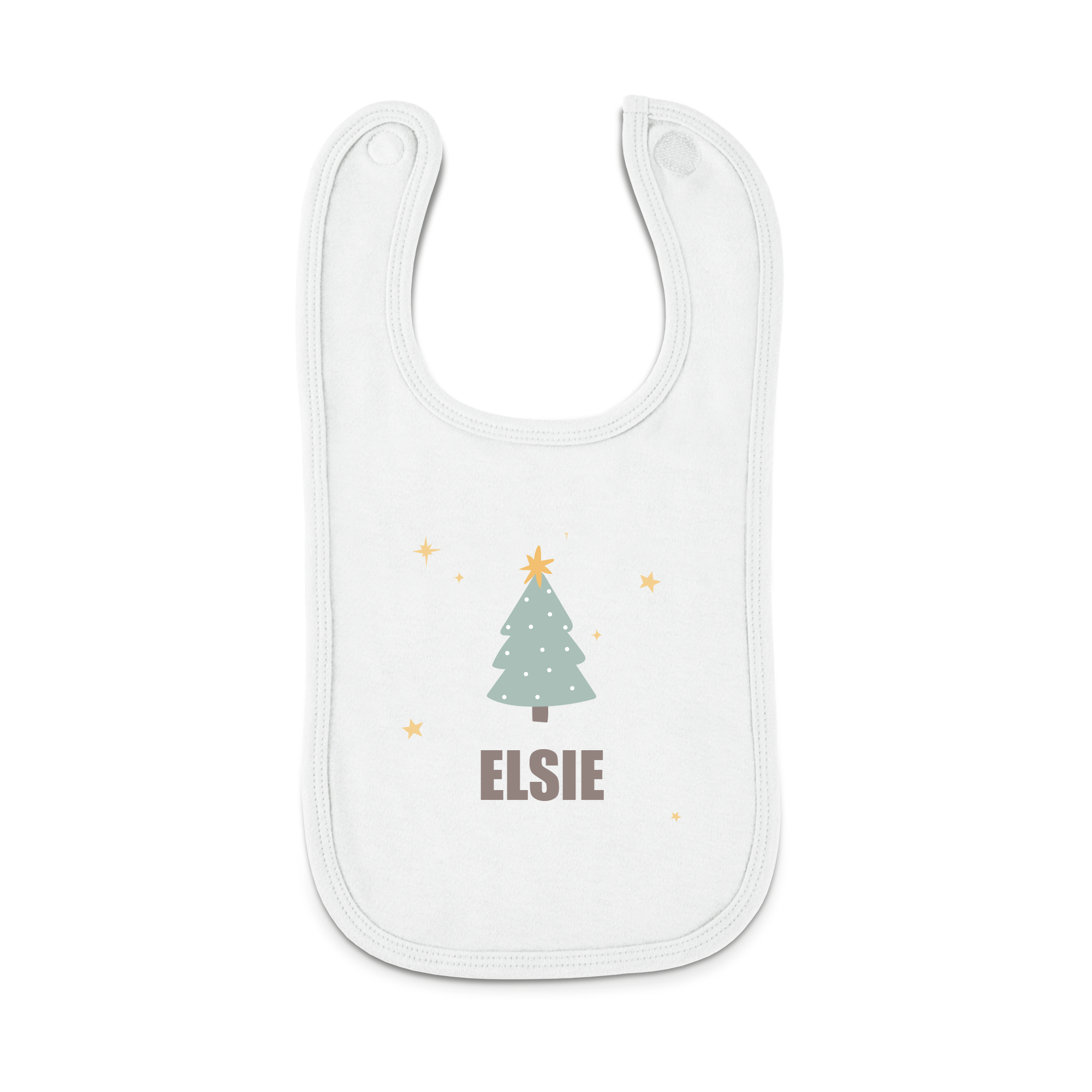 Bavaglino personalizzato bianco per il primo Natale con albero e nome Elsie stampati
