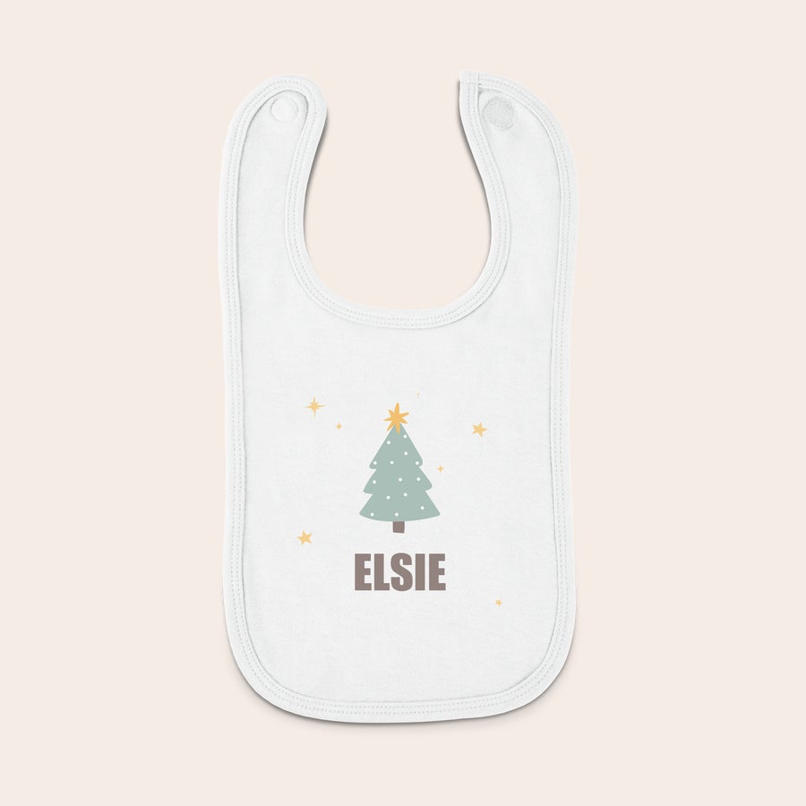 Bavaglino Personalizzato Neonato - Primo Natale - Bianco Bavaglino personalizzato bianco per il primo Natale con albero e nome Elsie stampati