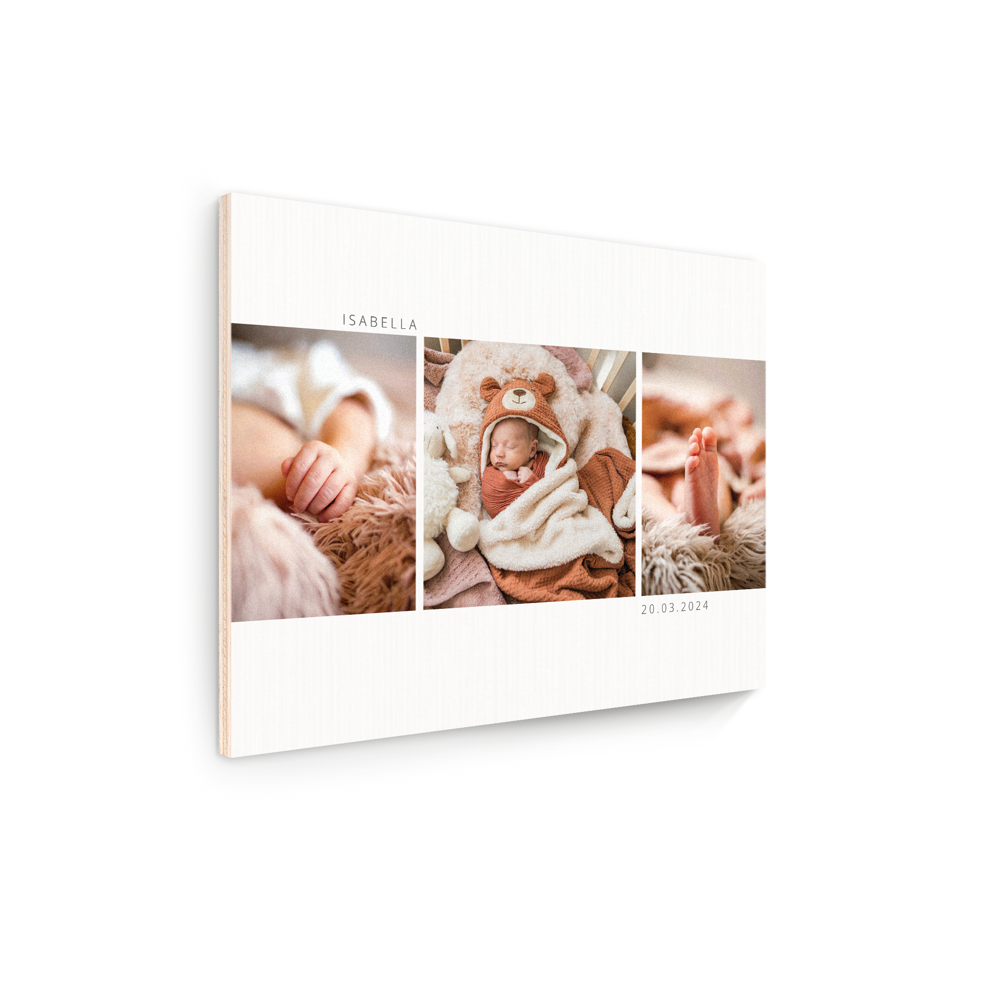 Foto på trä med tre babybilder, namnet ISABELLA och datumet 20.03.2024, tryckt på en vitlaserad träpanel.