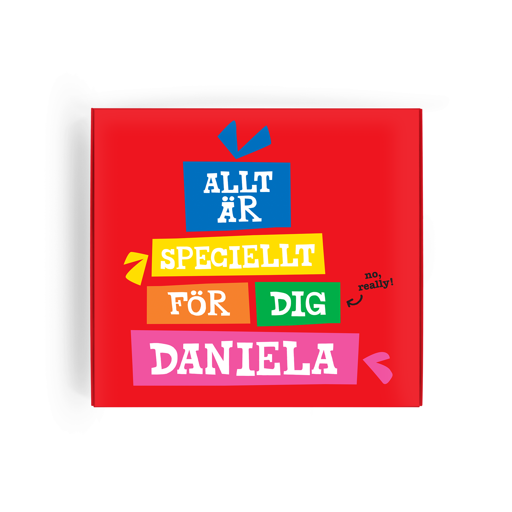 Personlig Tony's Chocolonely med kärlekstema, röd förpackning och trycket "ALLT ÄR SPECIELLT FÖR DIG DANIELA"