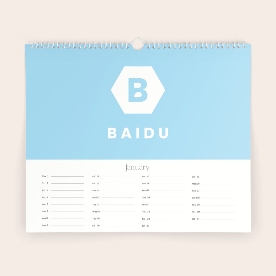 Personlig fotokalender 2026 Personlig 2026-kalender med BAIDU-logo, trykt på lyseblå bakgrunn, for å henge på veggen.