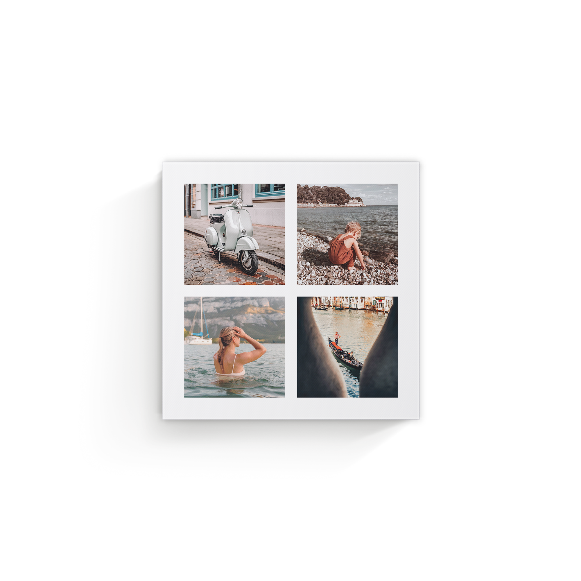 Personalized photo canvas with four printed images including a scooter, child at beach, woman in water, and a gondola