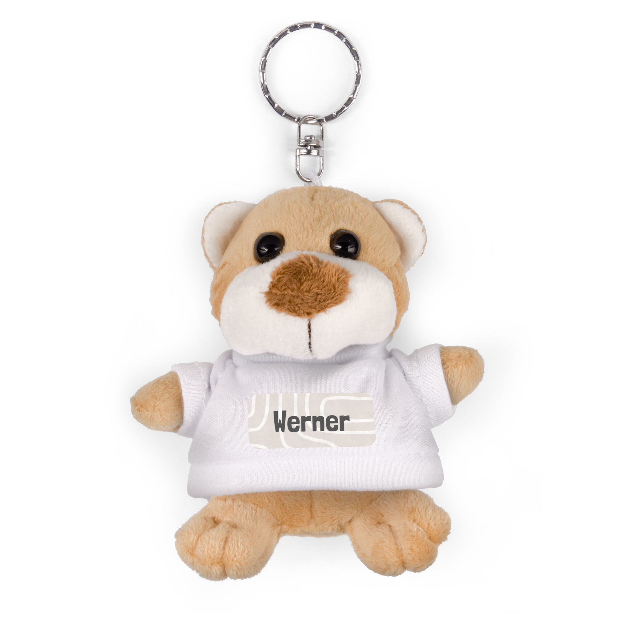 Schlüsselanhänger Teddy mit dem Namen Werner auf seinem personalisierten weißen T-Shirt bedruckt.