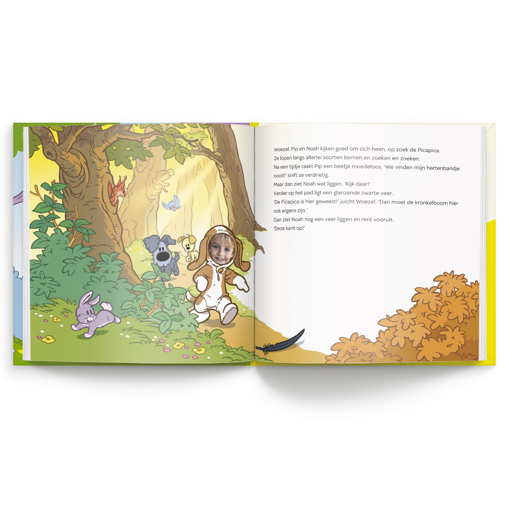 Gepersonaliseerd kinderboek - Woezel & Pip 'op Avontuur met' met eigen foto van kind in een bosscène.