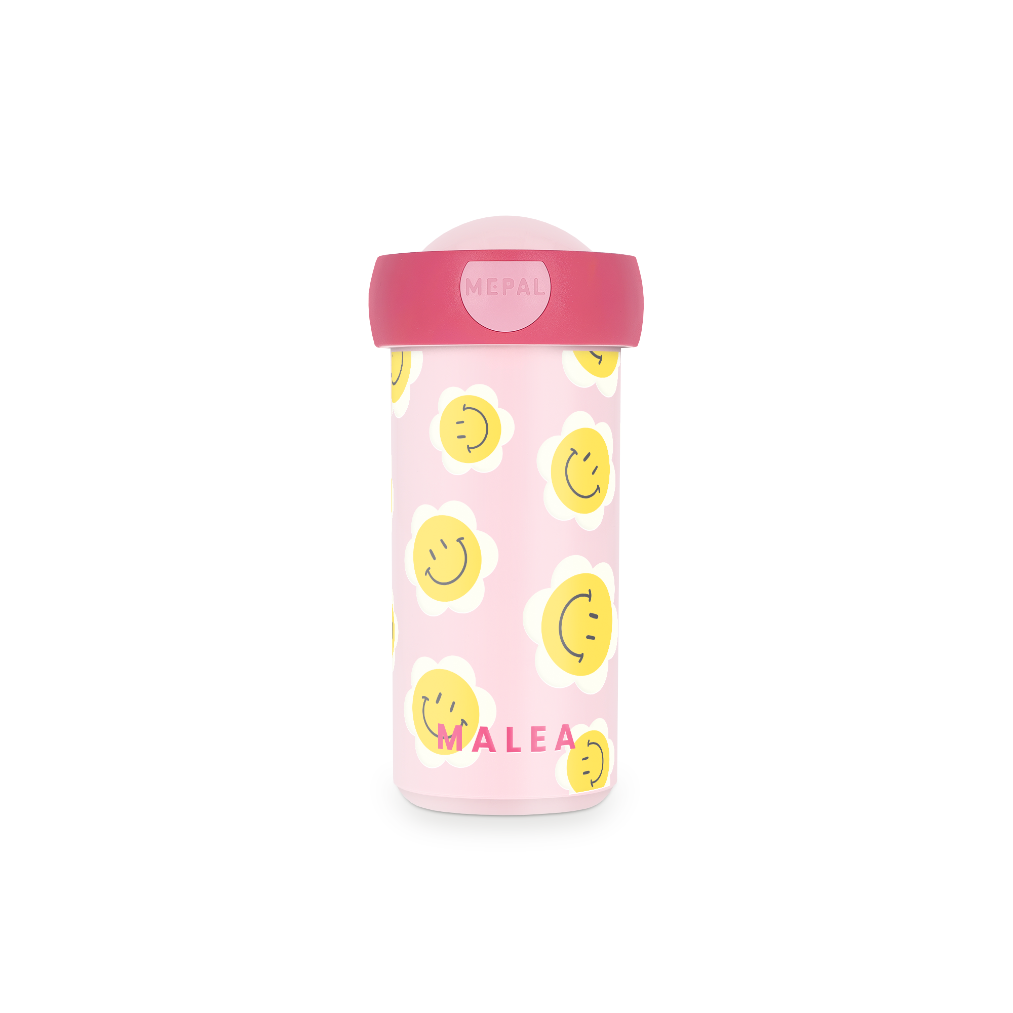 Mepal personalisierter Schulbecher in Rosa mit Smiley-Blumenmuster und aufgedrucktem Namen Malea