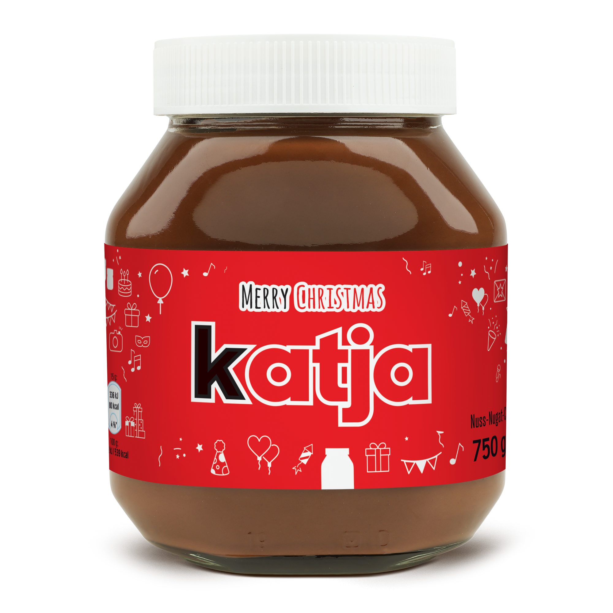 Personalisiertes nutella® Glas mit rotem Merry Christmas Etikett, bedruckt mit dem Namen Katja, 750g Nuss-Nugat-Creme
